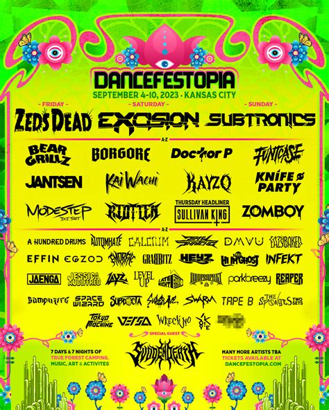 Dancefestopia 2023 - Sep 04. Dancefestopia 2023. A high energy music and camping festival, Dancefestopia takes place in the rolling hills just south of Kansas City. Over four nights, festies can …